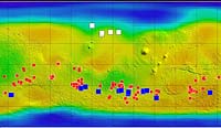 This map of Mars shows relative locations of three types of findings related to salt or frozen water, plus a new type of finding that may be related to both salt and water